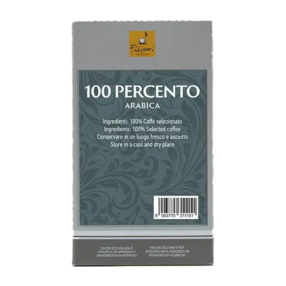 Back of Filicori Zecchini 100 Percento Arabica coffee packaging showing ingredients and storage instructions