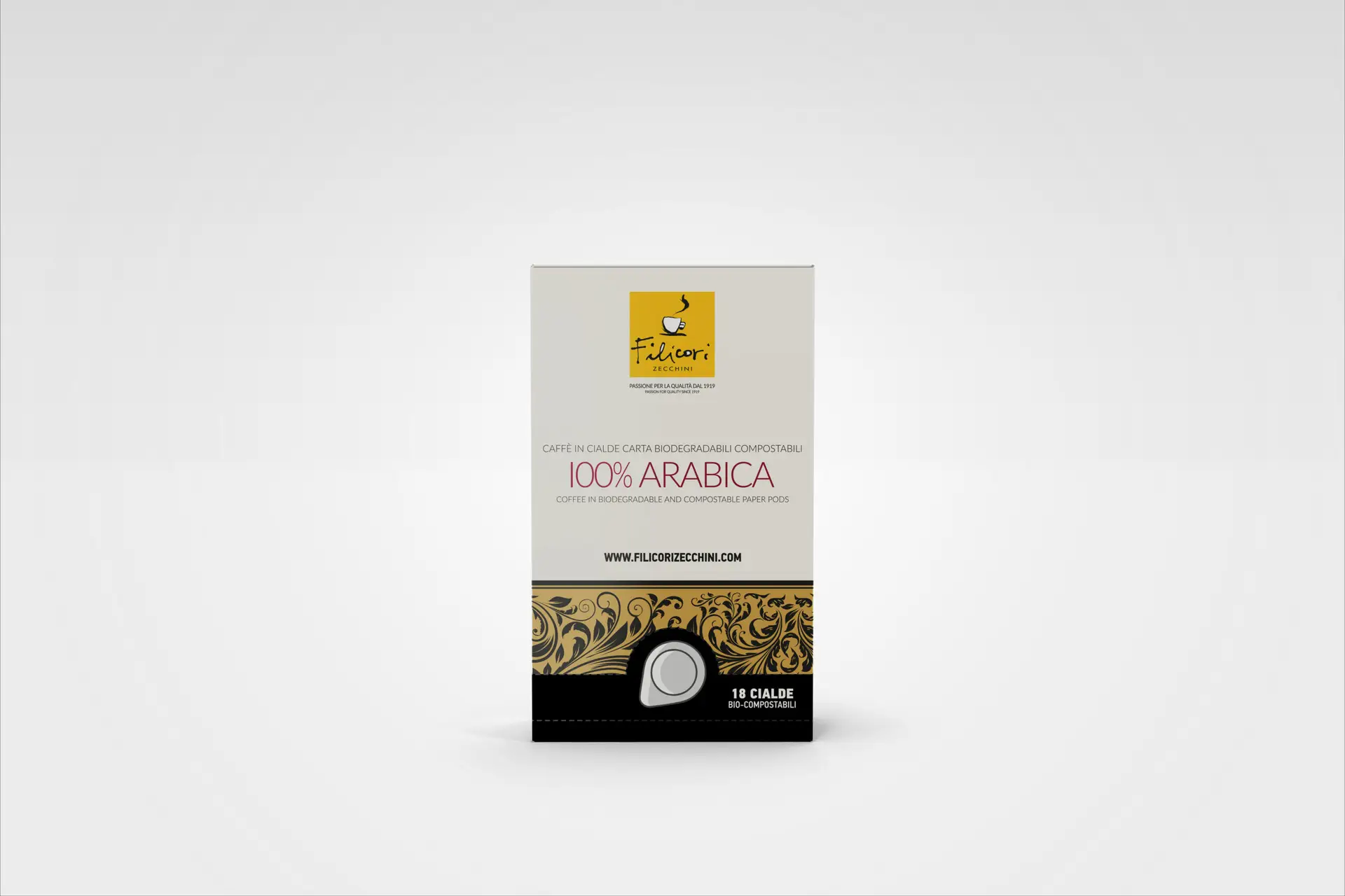Filicori Zecchini 100% Arabica coffee in biodegradable and compostable paper pods, 18 pods per box