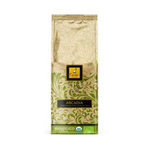Filicori Zecchini Arcadia organic certified coffee blend bag with green floral design and USDA Organic certification