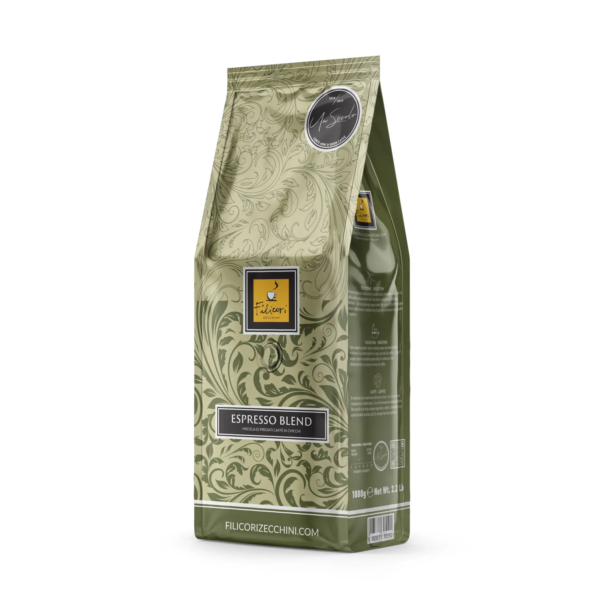 Filicori Zecchini Espresso Blend whole coffee beans, 1000g bag with ornate green floral design