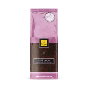 Filicori Zecchini Kavè Decaf whole bean coffee bag, pink and dark brown with floral design
