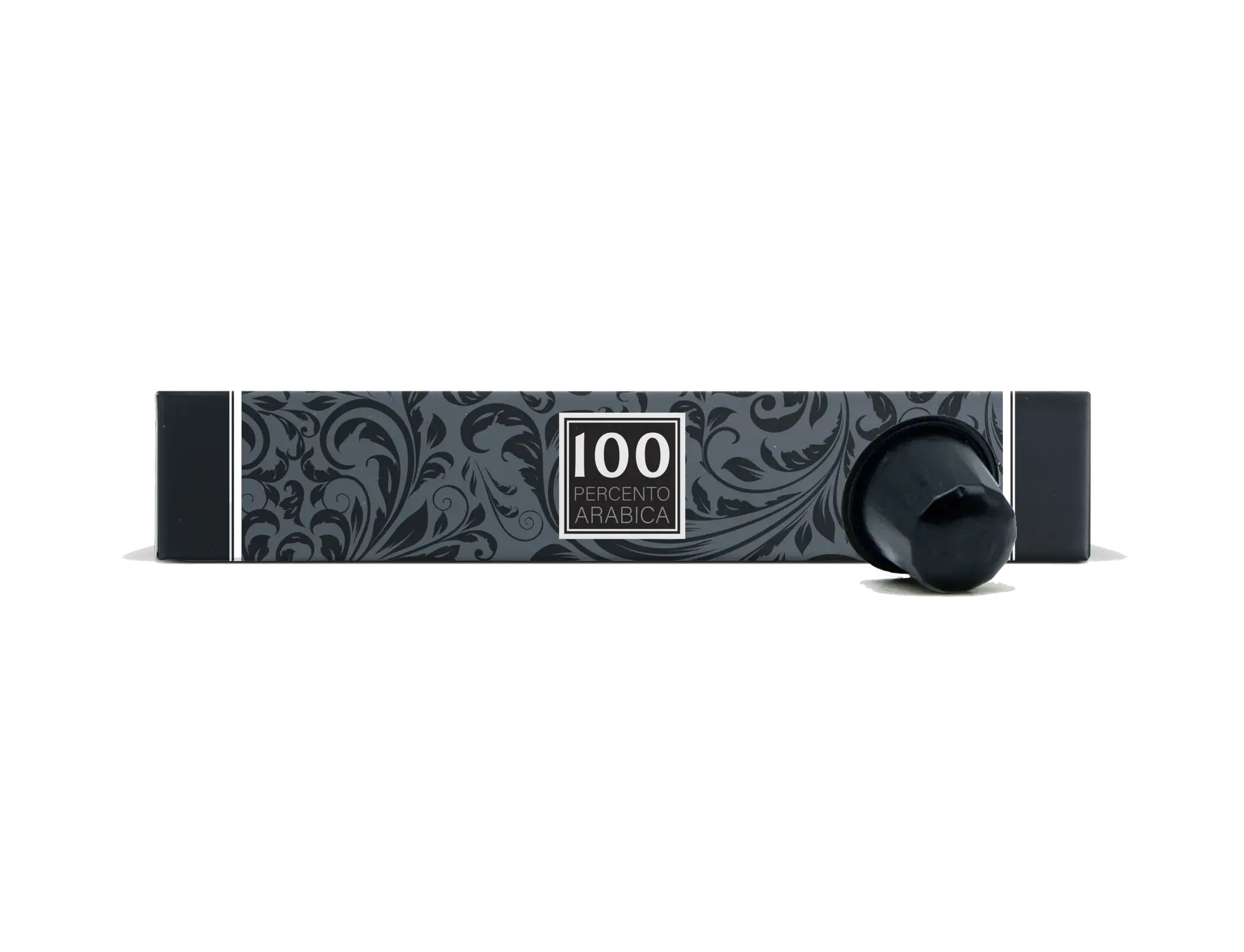 Box of 100 Percento Arabica coffee capsules with a single black capsule beside it