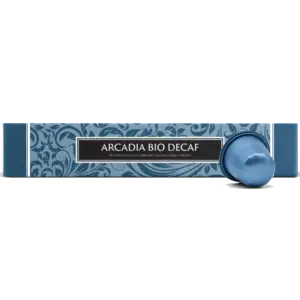 Arcadia Bio Decaf – box of 10 Nespresso-compatible coffee capsules with a blue capsule resting alongside