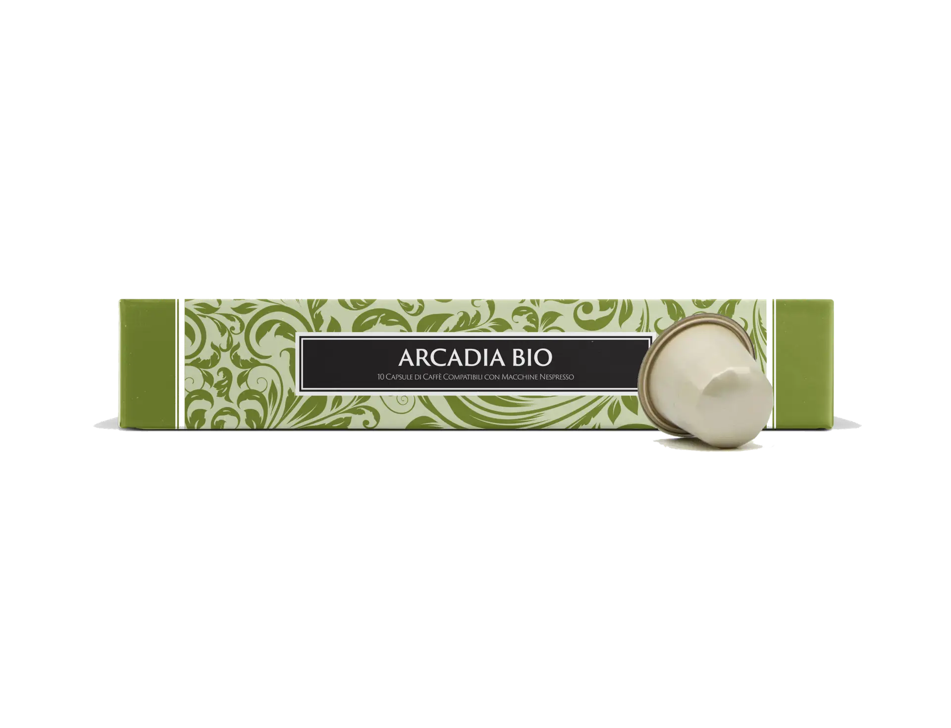 Arcadia Bio coffee capsules box with a single Nespresso-compatible capsule, 10 capsules per pack