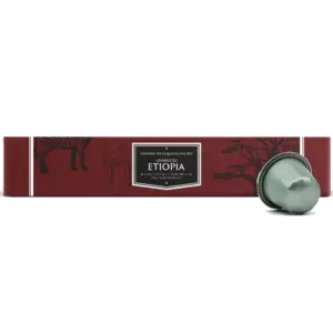 Grand Cru Etiopia coffee capsules box, 10 Nespresso-compatible capsules, with one grey capsule shown alongside