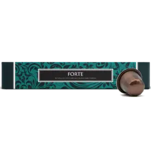 Forte coffee capsules box with 10 Nespresso-compatible capsules and a single bronze-coloured capsule beside it