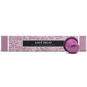 Kavè Decaf coffee capsules box with a single purple Nespresso-compatible capsule, pack of 10