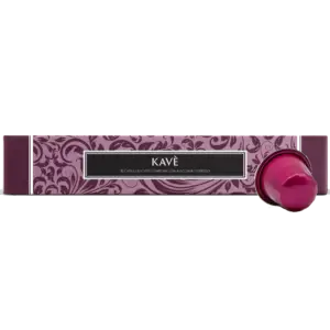 Kavè box of 10 Nespresso-compatible coffee capsules in purple floral packaging, with a single pink capsule beside it