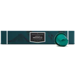 Grand Cru Messico coffee capsules box with a single teal Nespresso-compatible capsule beside it, containing 10 capsules