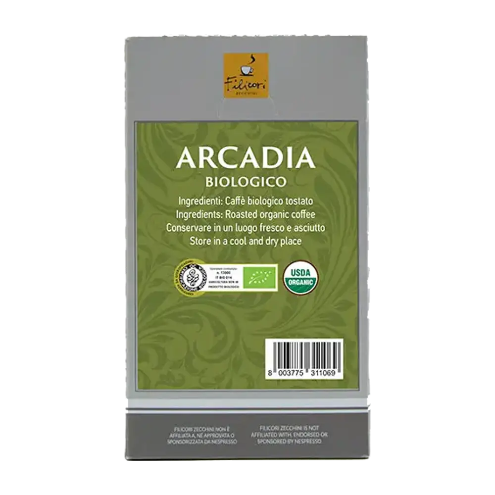 Back of Filicori Zecchini Arcadia Biologico organic roasted coffee packaging, showing ingredients and USDA Organic certification