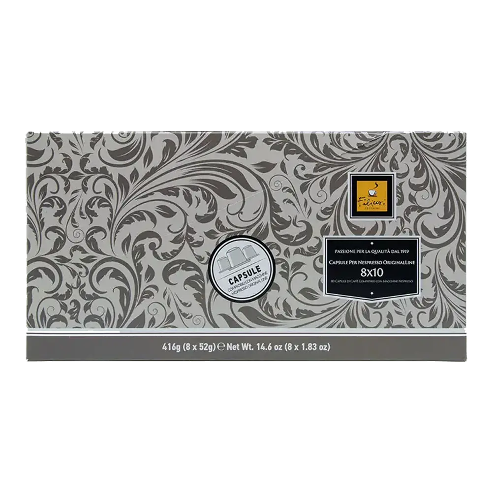 Filicori Zecchini 8x10 Nespresso-compatible coffee capsules, 80 capsules, 416g, in decorative grey floral box