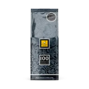 Filicori Zecchini 100% Arabica coffee bag with ornate grey and black floral design